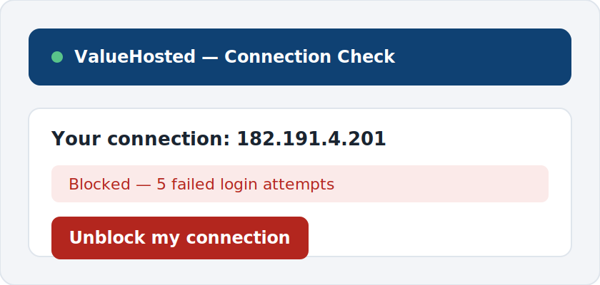 Connection check page showing blocked status and unblock button